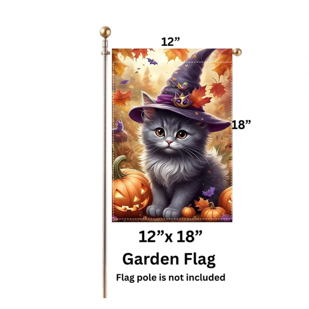 Garden Flag, 12”x18”, Halloween Witch Cat, Burlap Polyester Doublesided